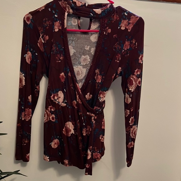 Deep V Floral Wrap Shirt - Picture 1 of 3
